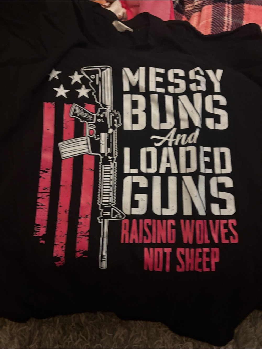 EGO Black Graphic Tee with White and Pink Print - 'Messy Buns And Loaded Guns'